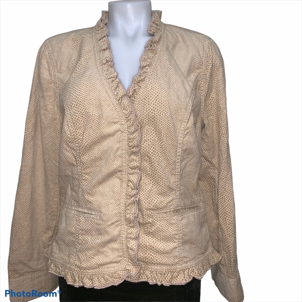 Chico’s Textured Snake Print Ruffle Trim Jacket M